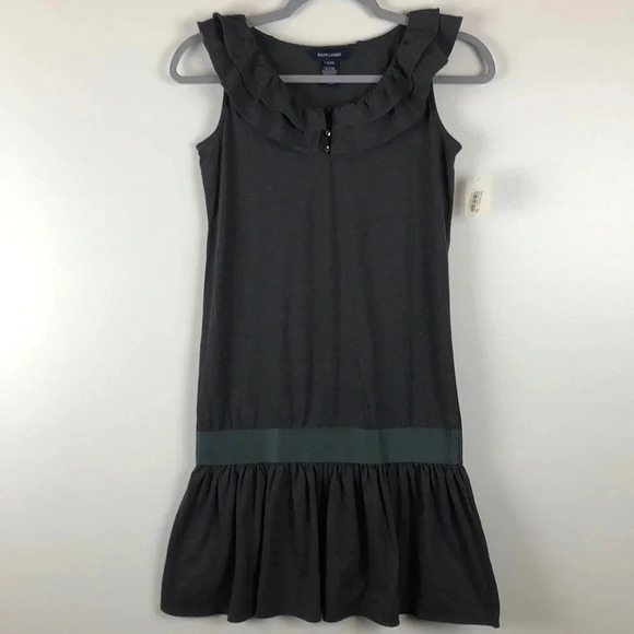 Ralph Lauren New Girls L Gray Sleeveless Ruffle Cotton Blend  Dress - Picture 1 of 6